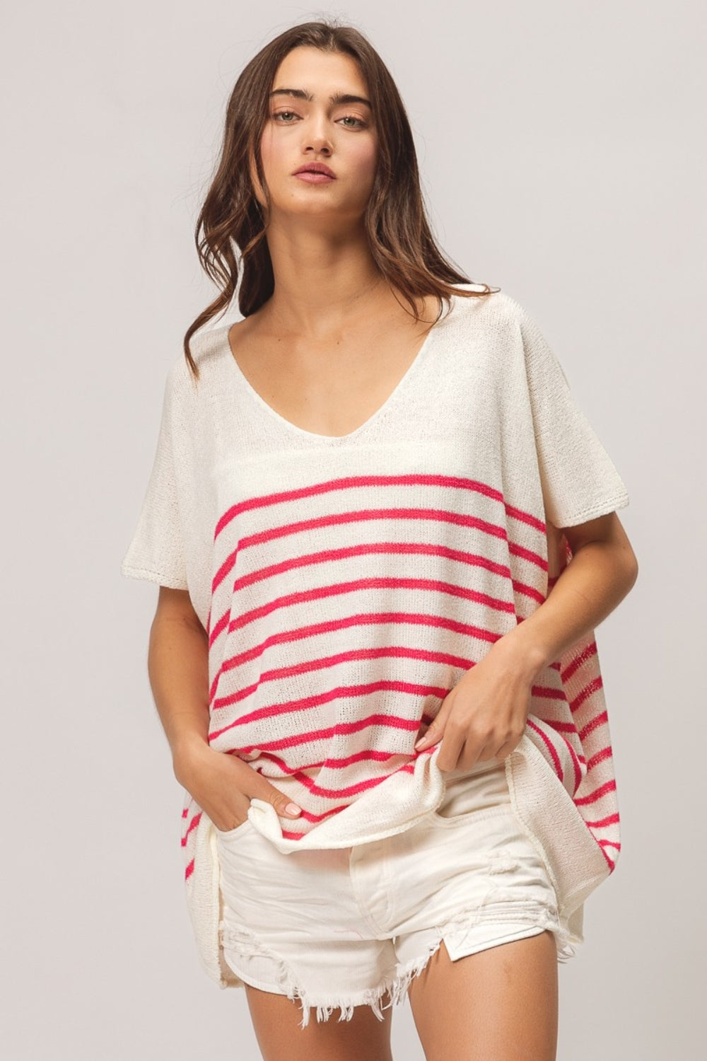 BiBi V Neck Striped Short Sleeve Top-TOPS / DRESSES-[Adult]-[Female]-2022 Online Blue Zone Planet