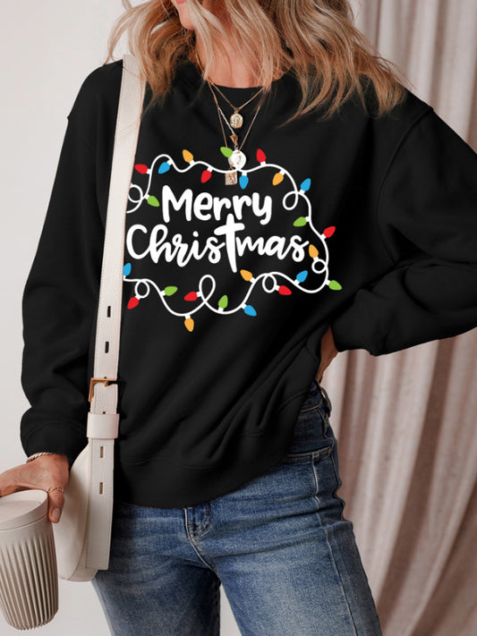 MERRY CHRISTMAS Dropped Shoulder Long Sleeve Sweatshirt-TOPS / DRESSES-[Adult]-[Female]-Black-S-2022 Online Blue Zone Planet