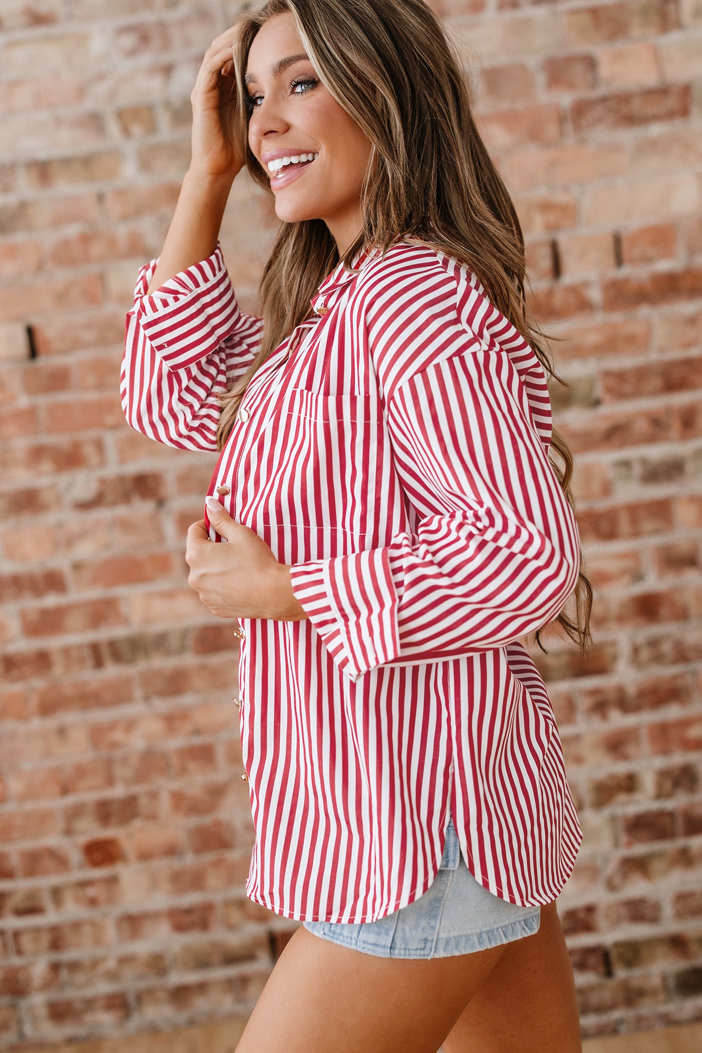 Red Stripe Patched Pocket Side Slit Loose Shirt-Tops/Blouses & Shirts-[Adult]-[Female]-2022 Online Blue Zone Planet