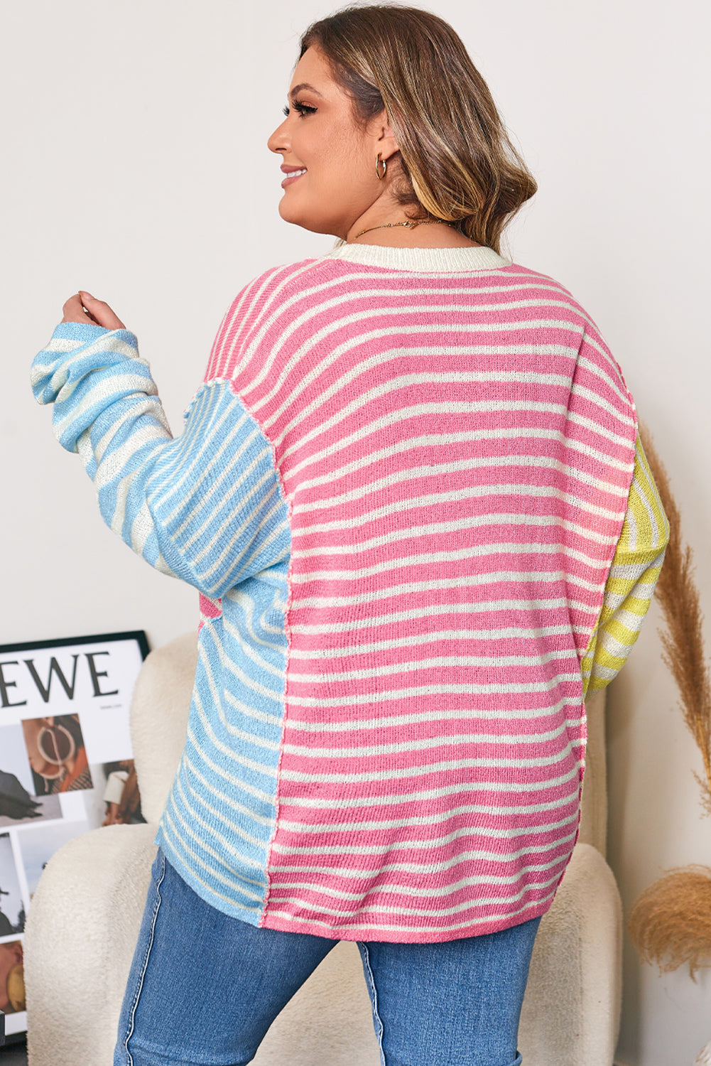 Multicolour Striped Exposed Seam Colorblock Patchwork Plus Size Sweater-TOPS / DRESSES-[Adult]-[Female]-2022 Online Blue Zone Planet