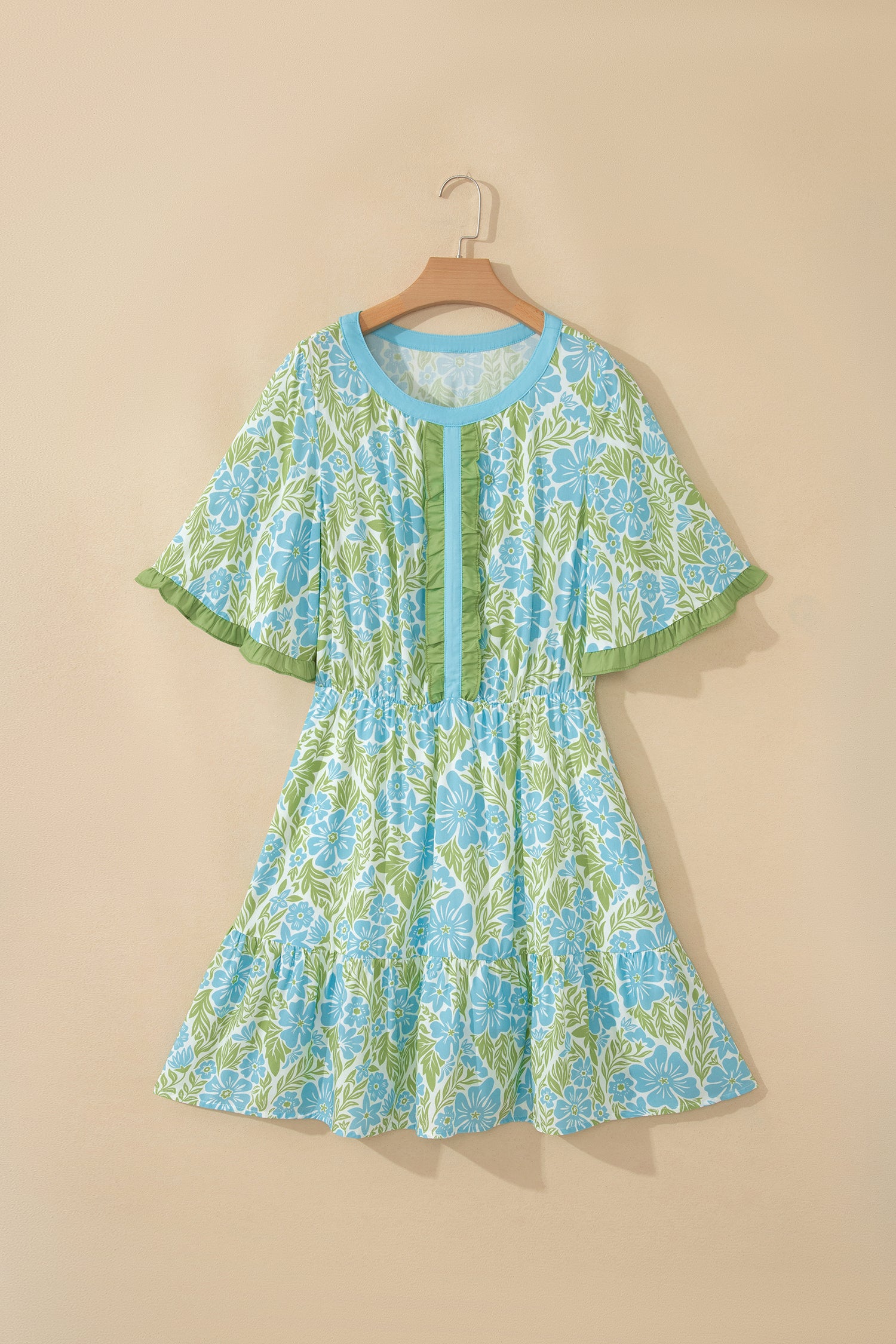 Sky Blue Floral Print High Waist Ruffle Short Sleeve Mini Dress-TOPS / DRESSES-[Adult]-[Female]-2022 Online Blue Zone Planet