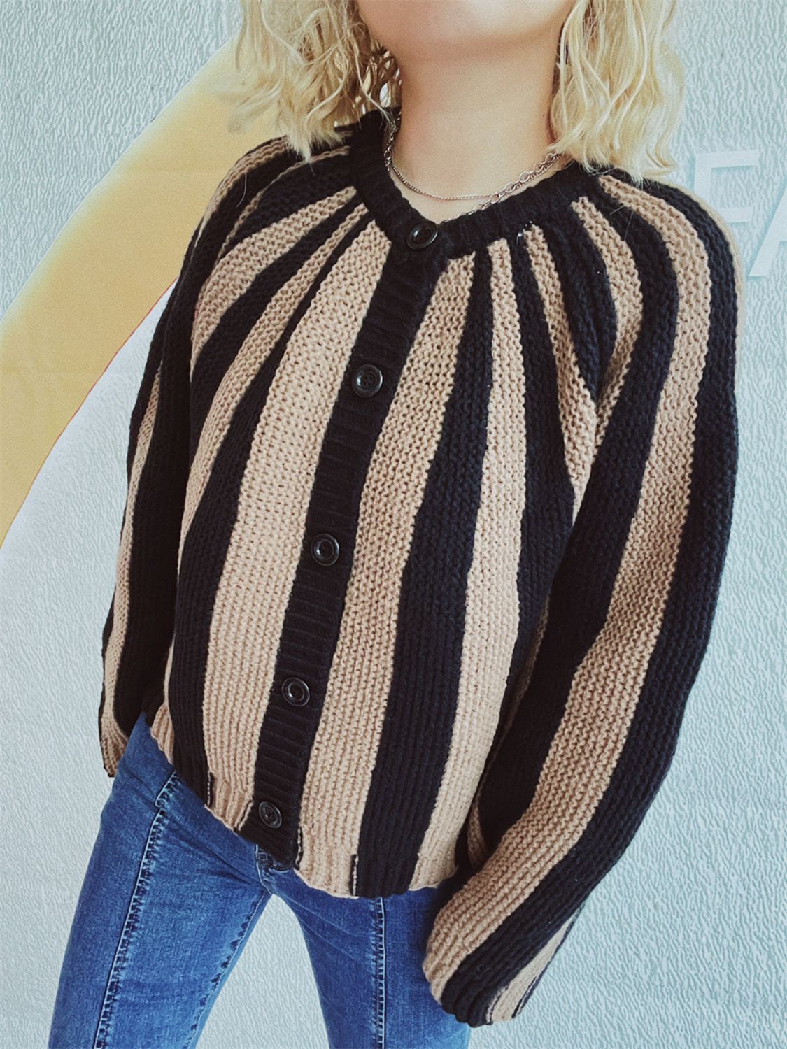 Contrast Stripes Button Down Long Sleeve Cardigan-TOPS / DRESSES-[Adult]-[Female]-Tan-One Size-2022 Online Blue Zone Planet