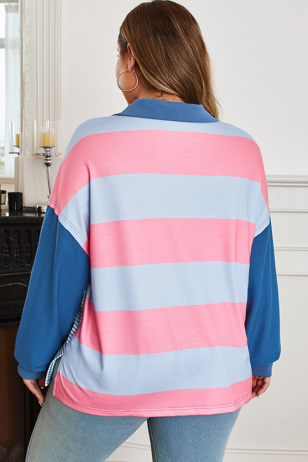 Blue Stripe Colorblock Patchwork Zip Up Plus Size Pullover-Plus Size/Plus Size Sweatshirts & Hoodies-[Adult]-[Female]-2022 Online Blue Zone Planet