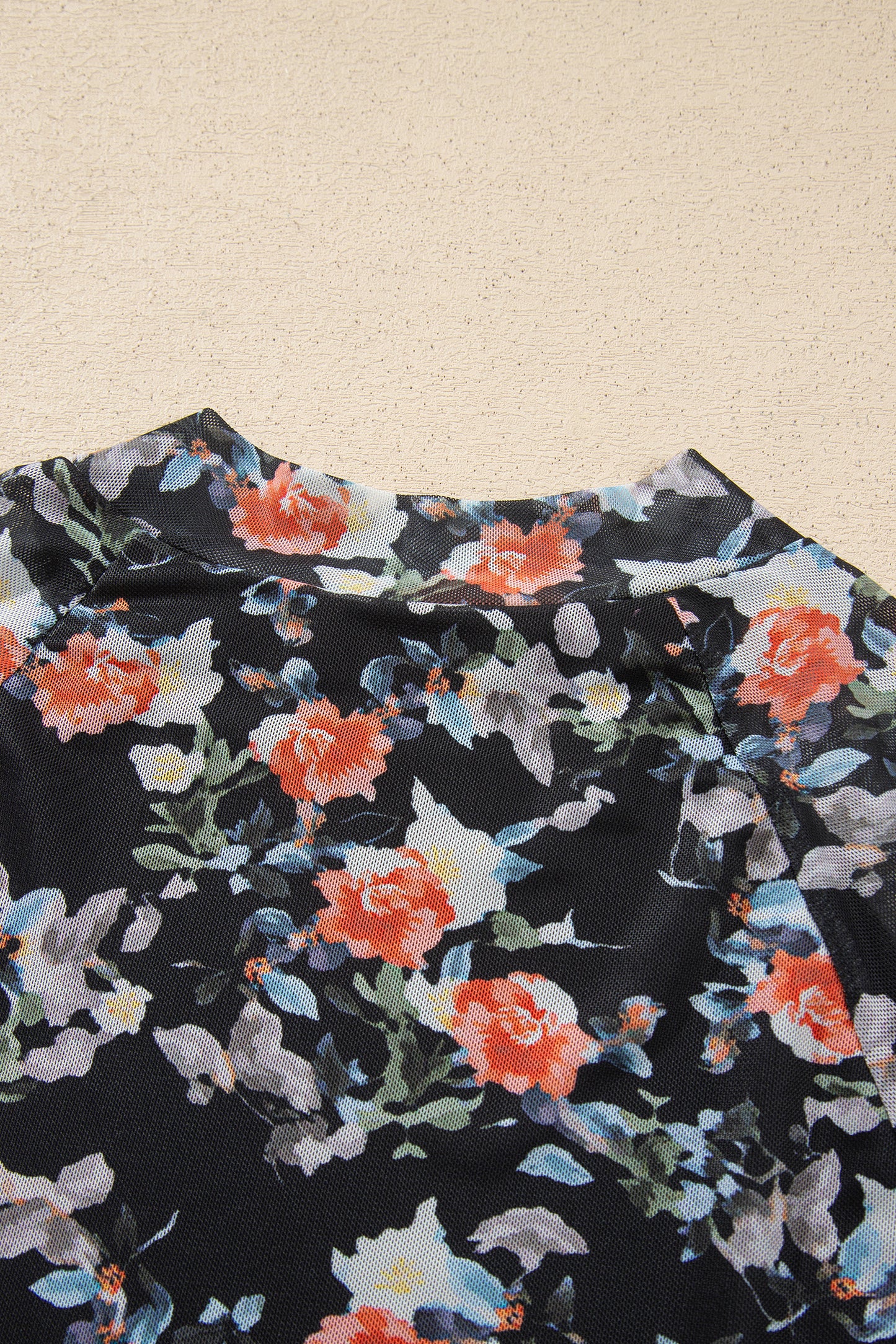 Black Floral Print Mesh Thumb Hole Long Sleeve Mock Neck Pullover Top-Pre Order/Pre Order Tops-[Adult]-[Female]-2022 Online Blue Zone Planet