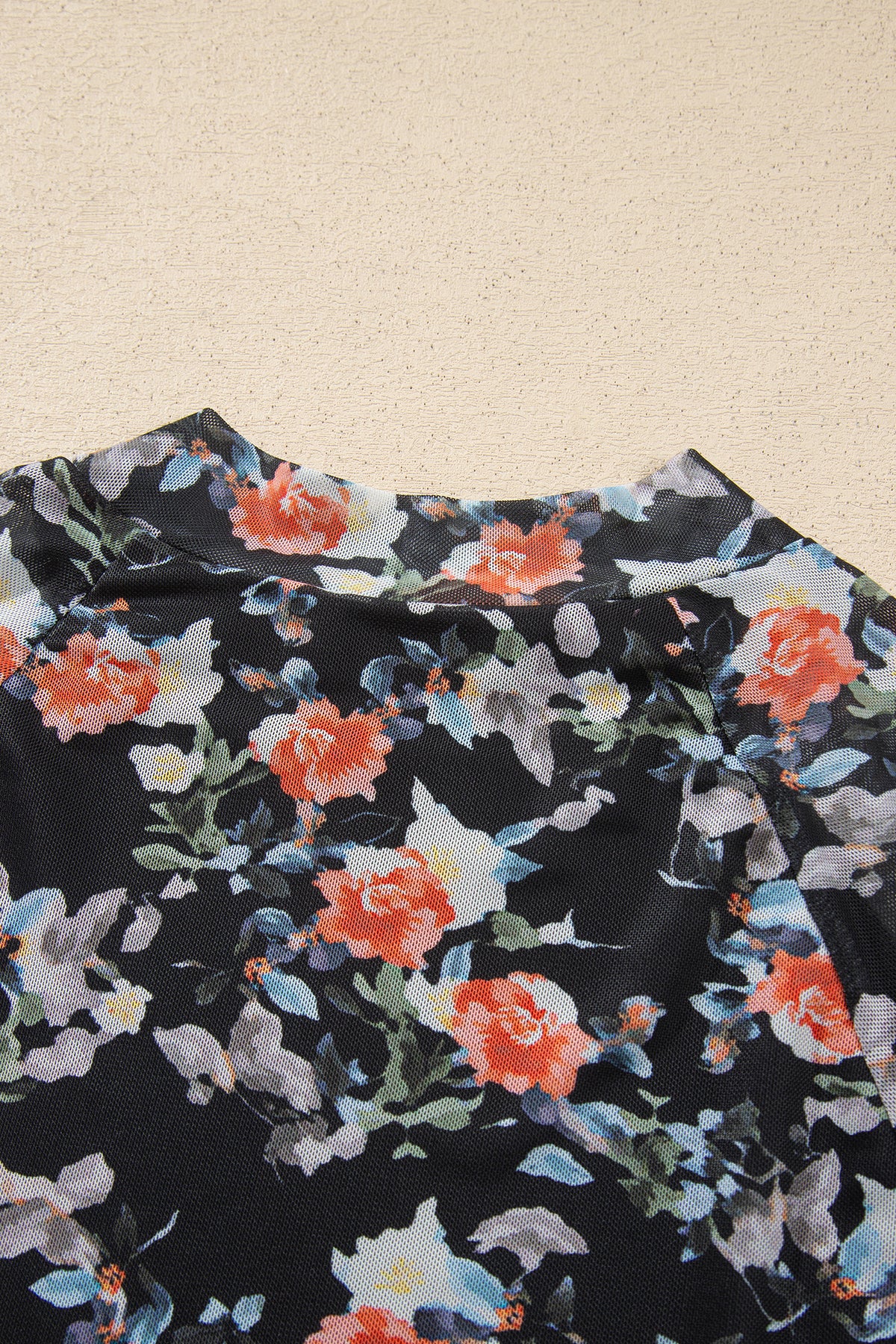 Black Floral Print Mesh Thumb Hole Long Sleeve Mock Neck Pullover Top-Pre Order/Pre Order Tops-[Adult]-[Female]-2022 Online Blue Zone Planet