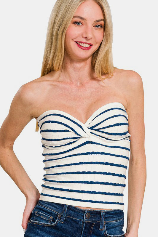 Zenana Twisted Sweetheart Neck Striped Tube Top-TOPS / DRESSES-[Adult]-[Female]-Peacock Blue-S-2022 Online Blue Zone Planet