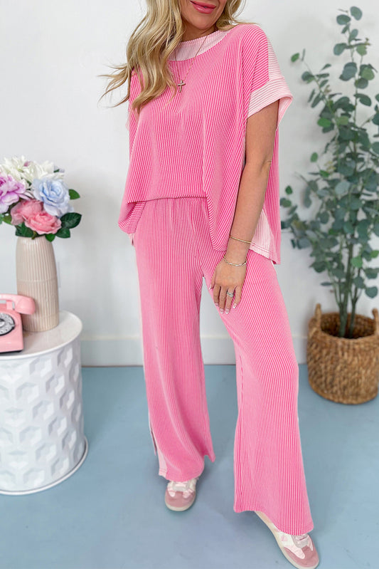 Sachet Pink 2-tone Colorblock Patchwork Corded 2pcs Outfit-Two Piece Sets/Pant Sets-[Adult]-[Female]-Sachet Pink-S-2022 Online Blue Zone Planet