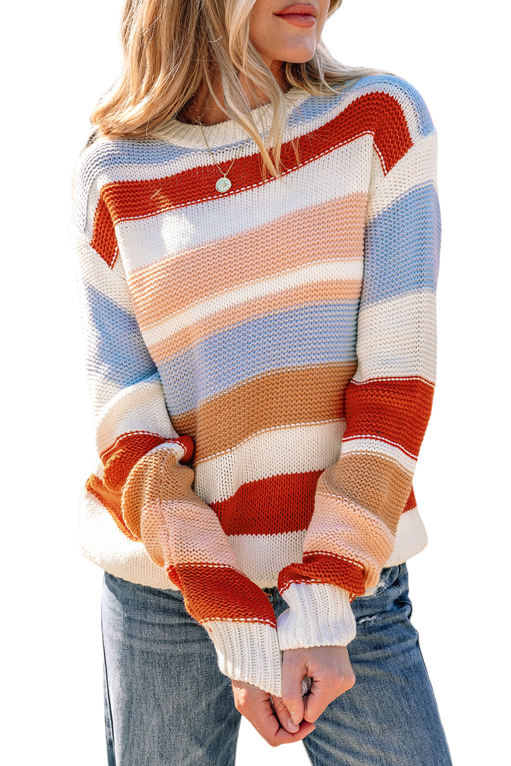 Pink Striped Colorblock Round Neck Drop Shoulder Sweater-Sweaters & Cardigans/Sweaters-[Adult]-[Female]-2022 Online Blue Zone Planet