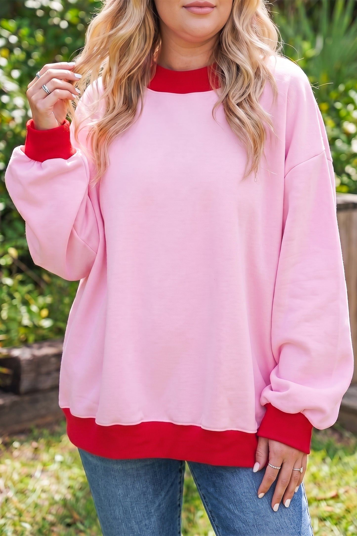 Pink Color Block Contrast Trim Plus Size Sweatshirt-Plus Size/Plus Size Sweatshirts & Hoodies-[Adult]-[Female]-Pink-1X-2022 Online Blue Zone Planet