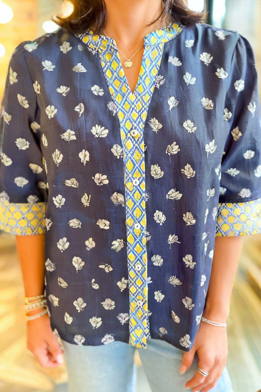 Blue Floral Print Half Sleeve Contrast Trim V Neck Blouse-Tops/Blouses & Shirts-[Adult]-[Female]-Blue-S-2022 Online Blue Zone Planet