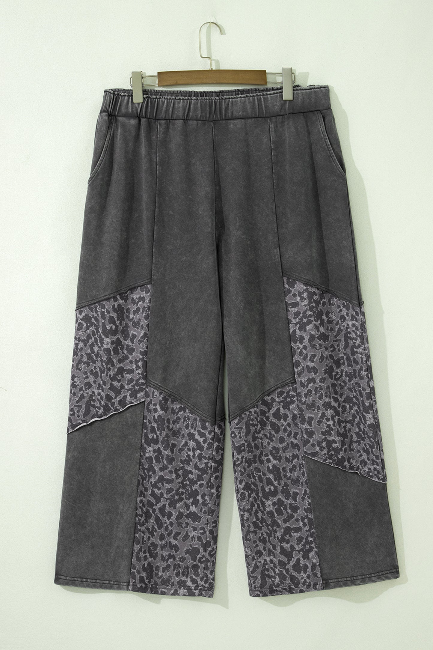 Dark Grey Plus Size Leopard Patchwork Mineral Wash Wide Leg Pants-Plus Size/Plus Size Bottoms-[Adult]-[Female]-2022 Online Blue Zone Planet