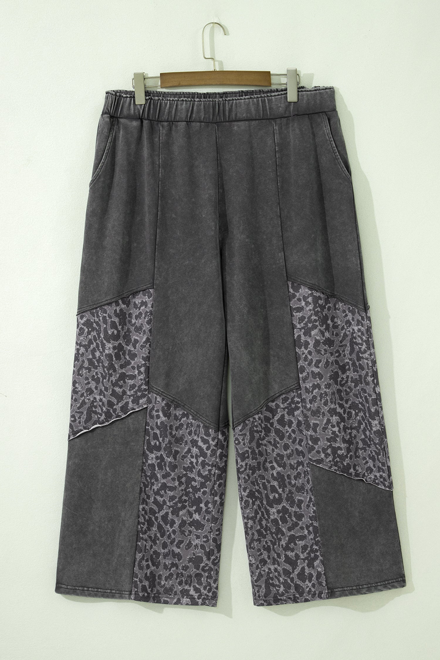 Dark Grey Plus Size Leopard Patchwork Mineral Wash Wide Leg Pants-Plus Size/Plus Size Bottoms-[Adult]-[Female]-2022 Online Blue Zone Planet