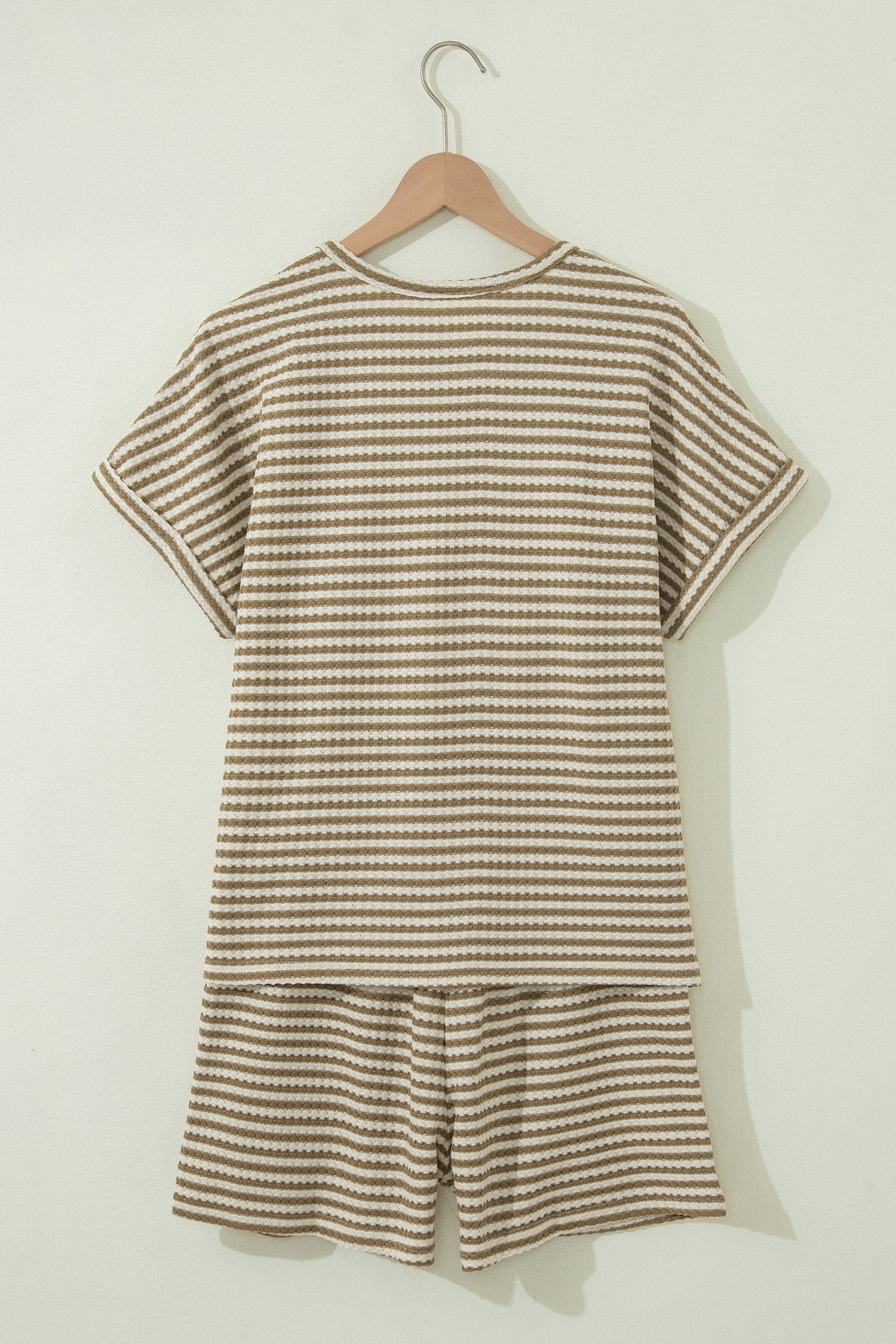 Brown Stripe Breathable Textured Knit Short 2pcs Set-Two Piece Sets/Short Sets-[Adult]-[Female]-2022 Online Blue Zone Planet