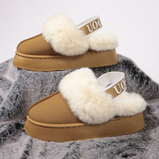 Blue Zone Planet | Plush Platform Slippers with Letter Strap-SHOES-[Adult]-[Female]-Camel-36(US5)-2022 Online Blue Zone Planet