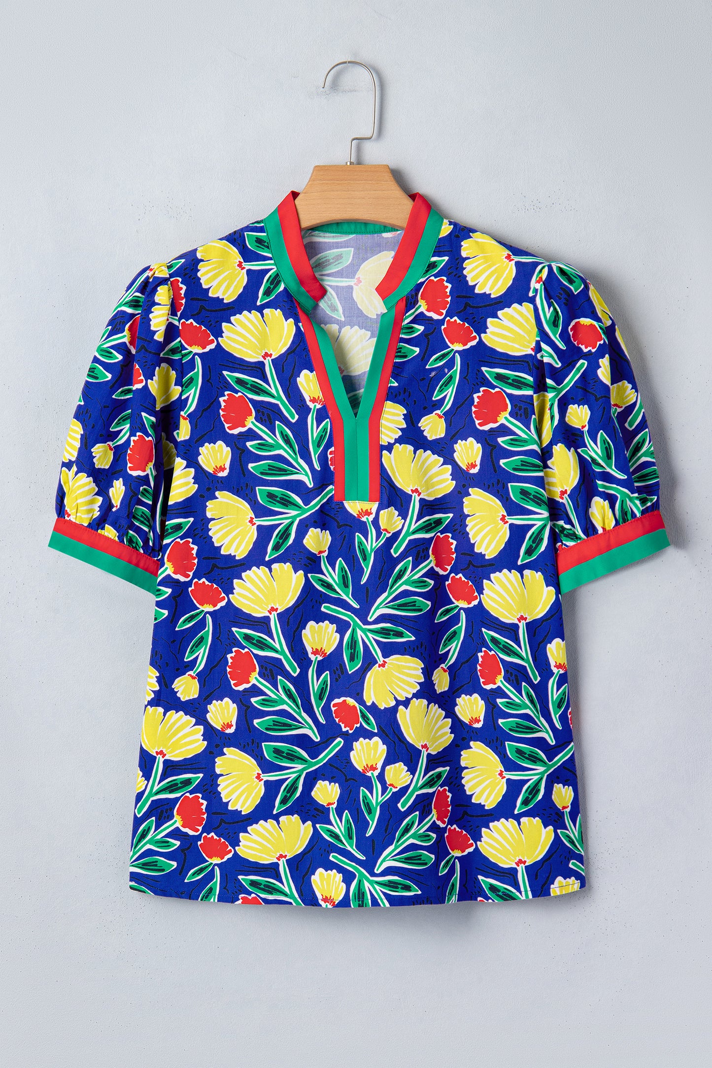Blue Wild Floral Printed Contrast Striped Patchwork V Neck Short Sleeve Blouse-Tops/Blouses & Shirts-[Adult]-[Female]-2022 Online Blue Zone Planet