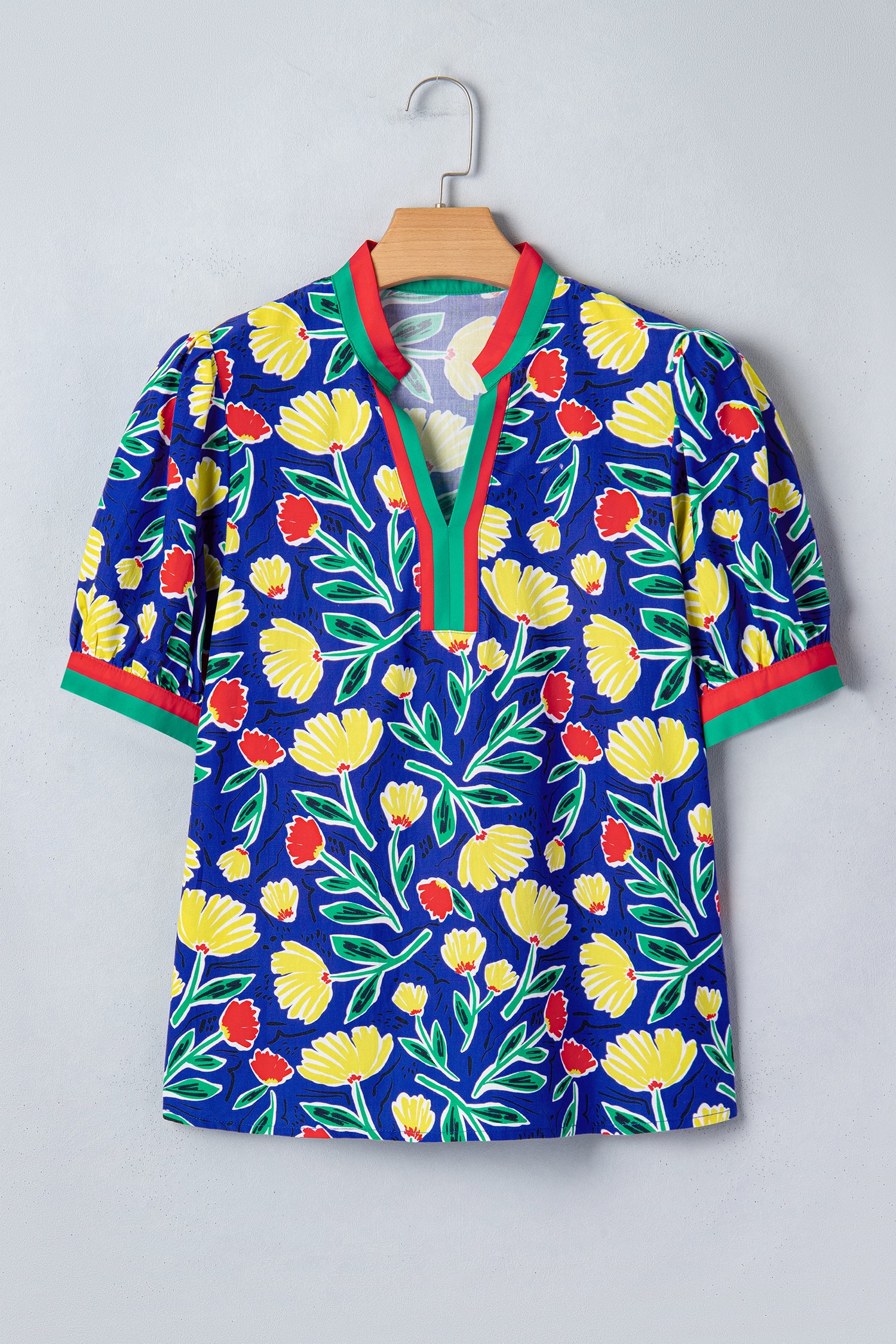 Blue Wild Floral Printed Contrast Striped Patchwork V Neck Short Sleeve Blouse-Tops/Blouses & Shirts-[Adult]-[Female]-2022 Online Blue Zone Planet