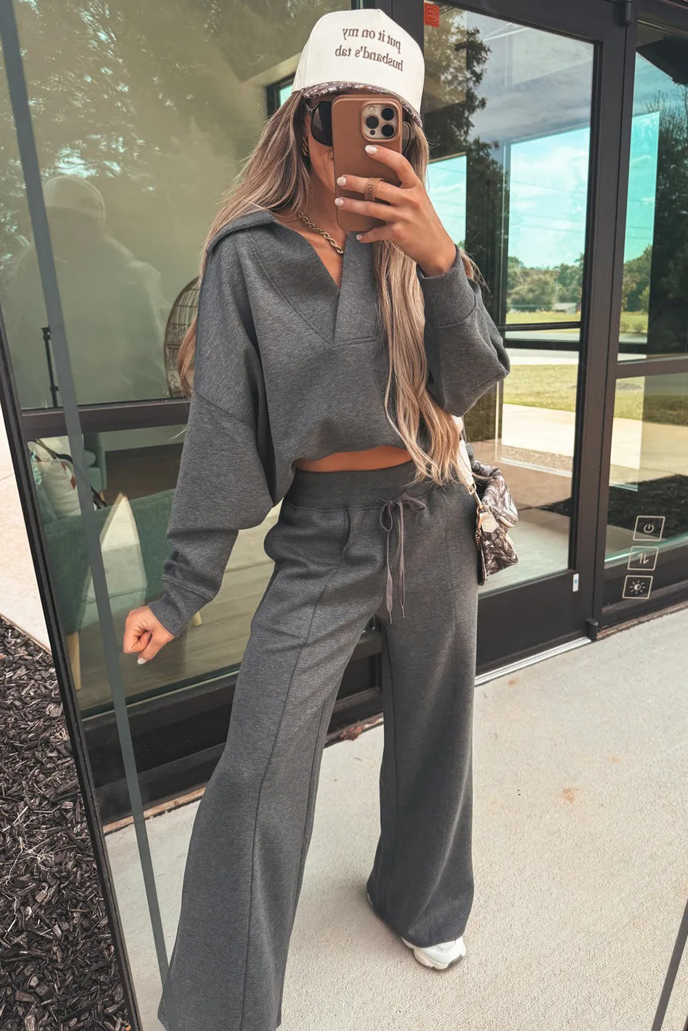 Medium Grey Collared V Neck Pullover Sweatshirt Sweatpants Set-Two Piece Sets/Pant Sets-[Adult]-[Female]-2022 Online Blue Zone Planet