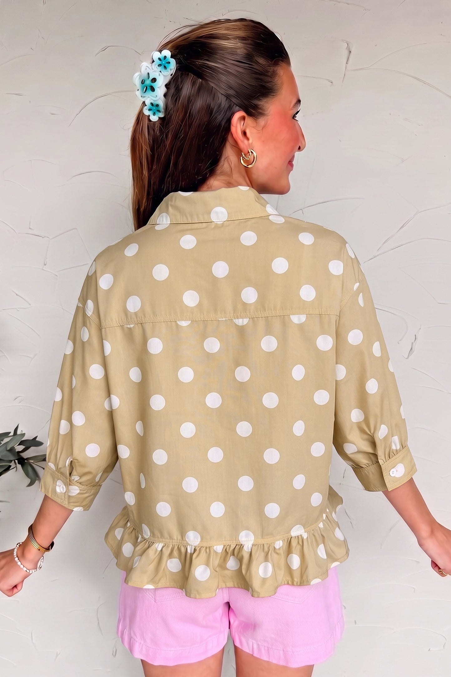 Khaki Polka Dot Print Three Quarter Sleeve Ruffle Hem Casual Shirt-Tops/Blouses & Shirts-[Adult]-[Female]-2022 Online Blue Zone Planet