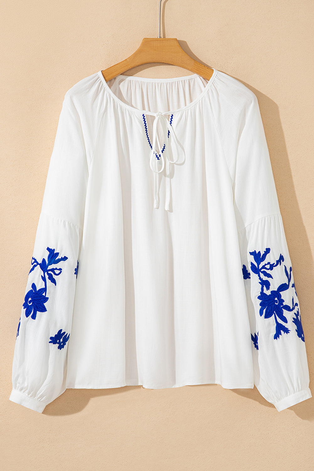 White Floral Embroidered Drawstring V Neck Blouse-Tops/Blouses & Shirts-[Adult]-[Female]-2022 Online Blue Zone Planet