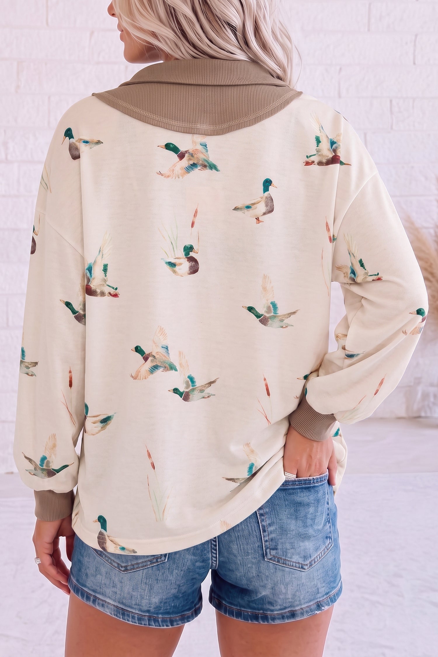 Beige Wild Mallard Print Color Block Patchwork Zip Neck Tunic Top-Tops/Long Sleeve Tops-[Adult]-[Female]-2022 Online Blue Zone Planet