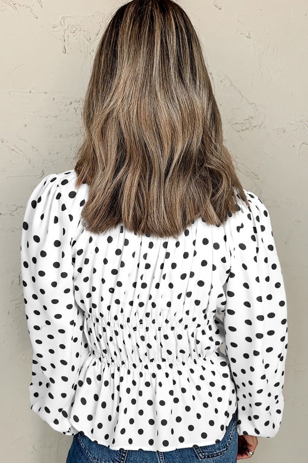 Bow Polka Dot Square Neck Long Sleeve Blouse-TOPS / DRESSES-[Adult]-[Female]-2022 Online Blue Zone Planet