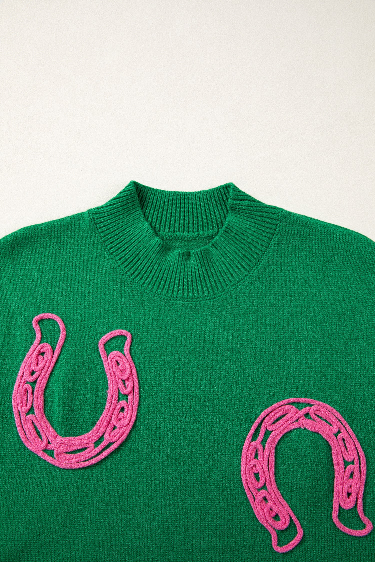 Bright Green Corded Horseshoes Ribbed Trim Mock Neck Short Sleeve Sweater-TOPS / DRESSES-[Adult]-[Female]-2022 Online Blue Zone Planet
