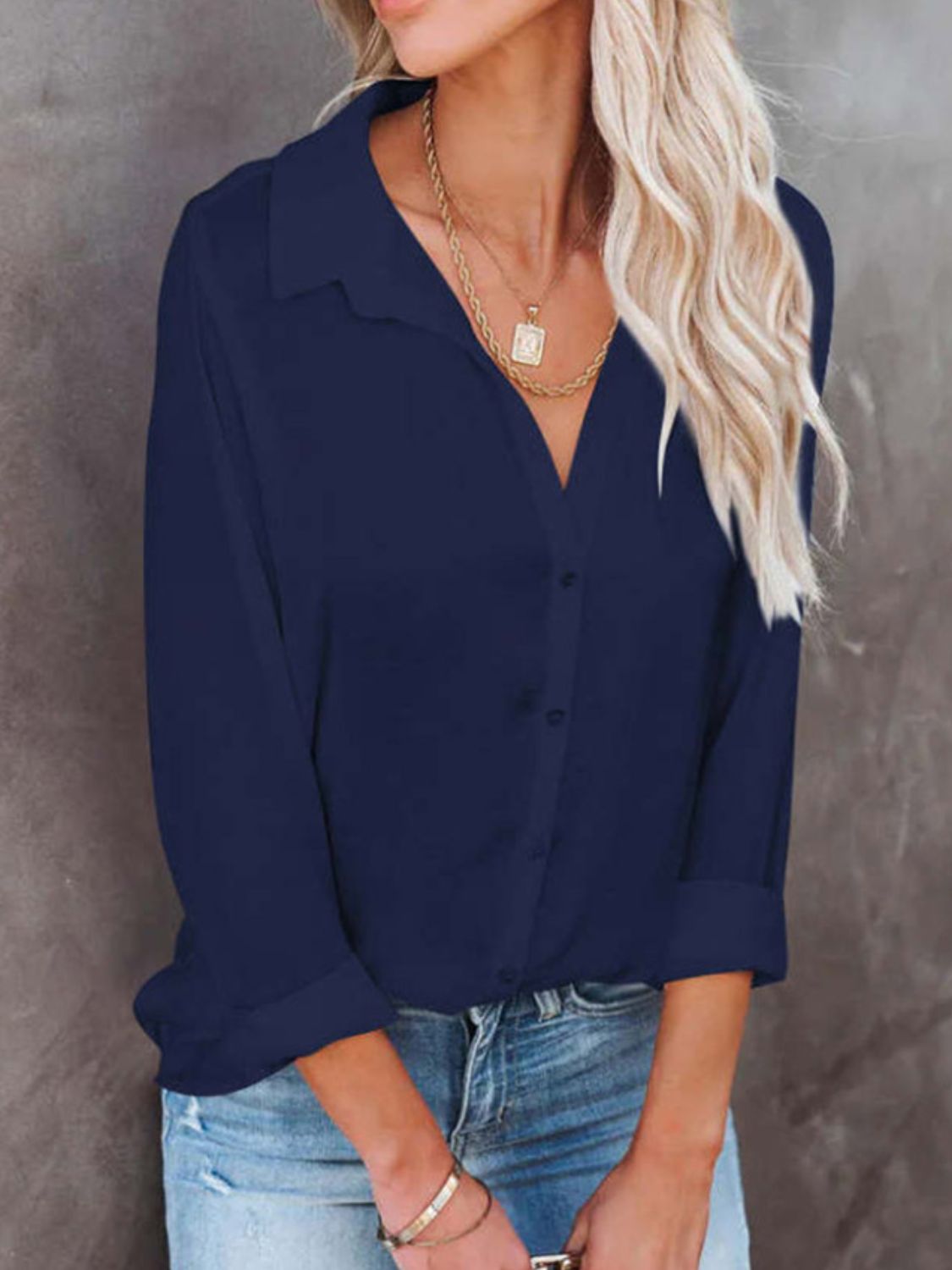 Button Down Collared Neck Long Sleeve Shirt-TOPS / DRESSES-[Adult]-[Female]-2022 Online Blue Zone Planet