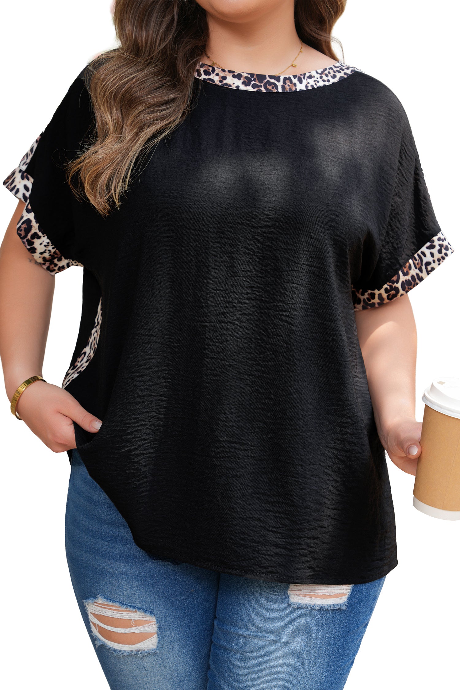 Black Plus Size Leopard Patchwork Round Neck Loose Tee-Plus Size/Plus Size Tops/Plus Size Tops & Tees-[Adult]-[Female]-2022 Online Blue Zone Planet