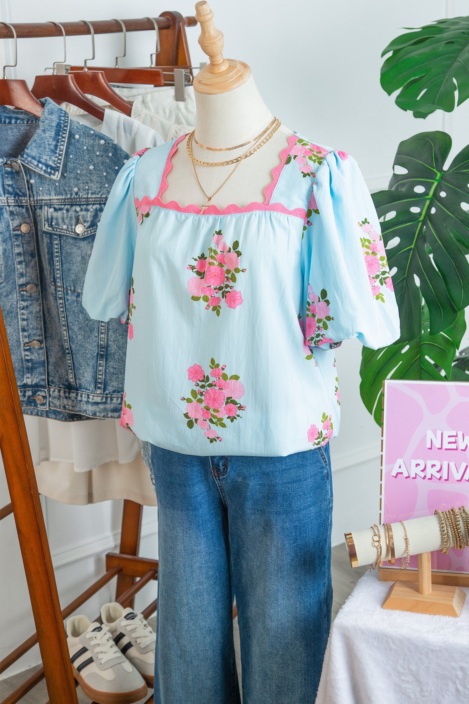 Sky Blue Floral Printed Contrast Ricrac Detail Bubble Sleeve Blouse-Tops/Blouses & Shirts-[Adult]-[Female]-2022 Online Blue Zone Planet