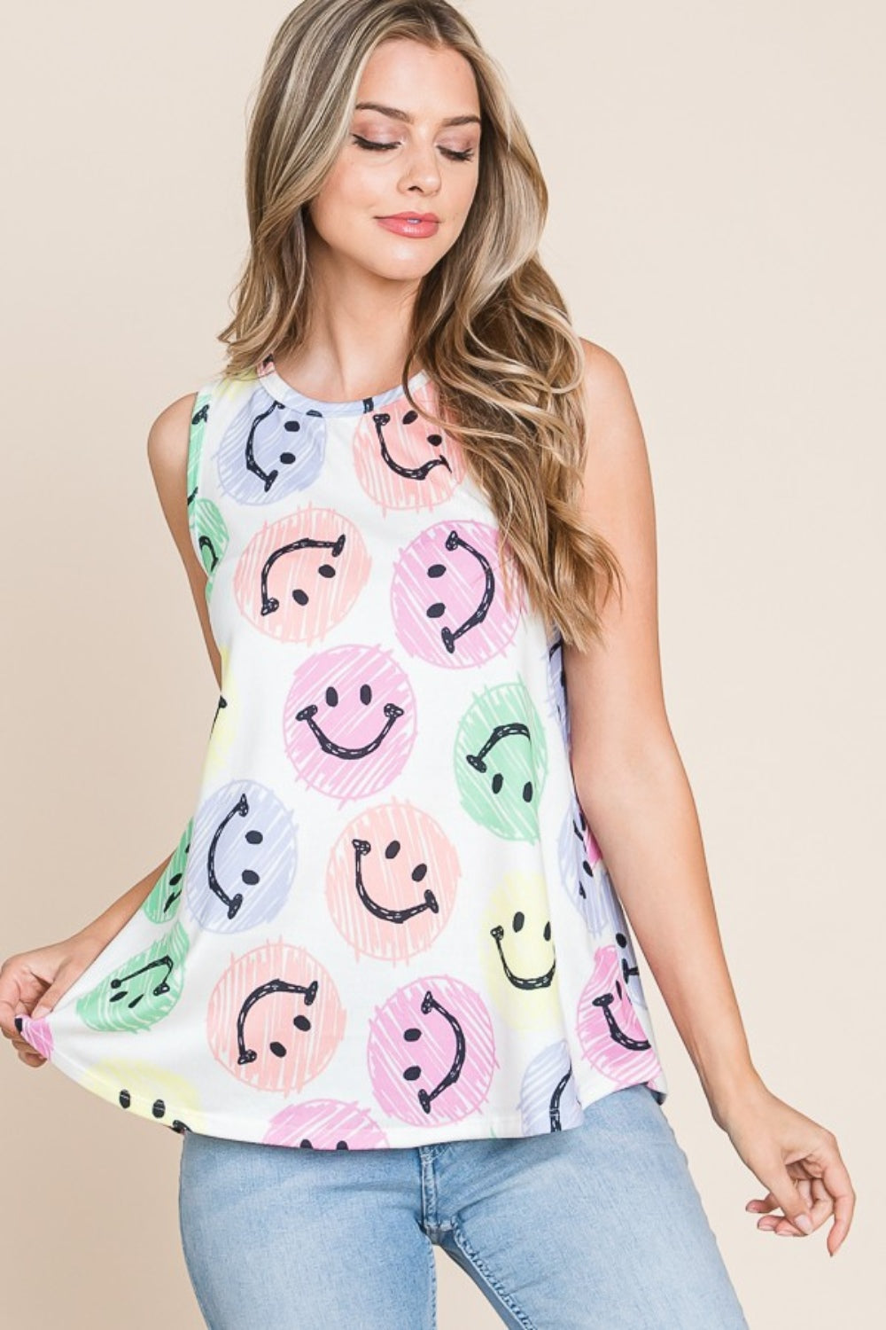 BOMBOM Smiley Face Round Neck Tank-TOPS / DRESSES-[Adult]-[Female]-2022 Online Blue Zone Planet