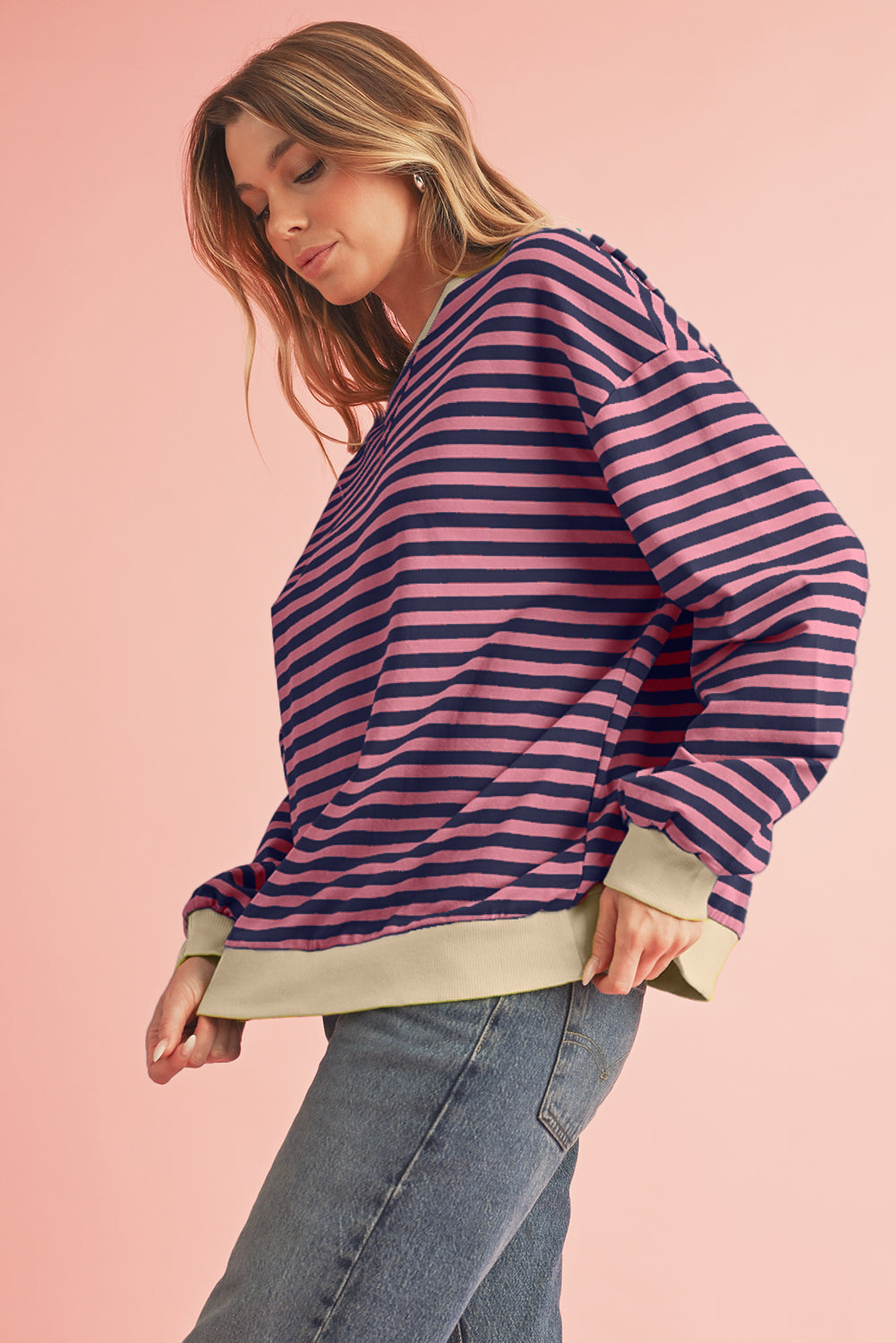 Black Stripe Contrast Edge Cross Seam Oversized Sweatshirt-Sweatshirts & Hoodies-[Adult]-[Female]-2022 Online Blue Zone Planet