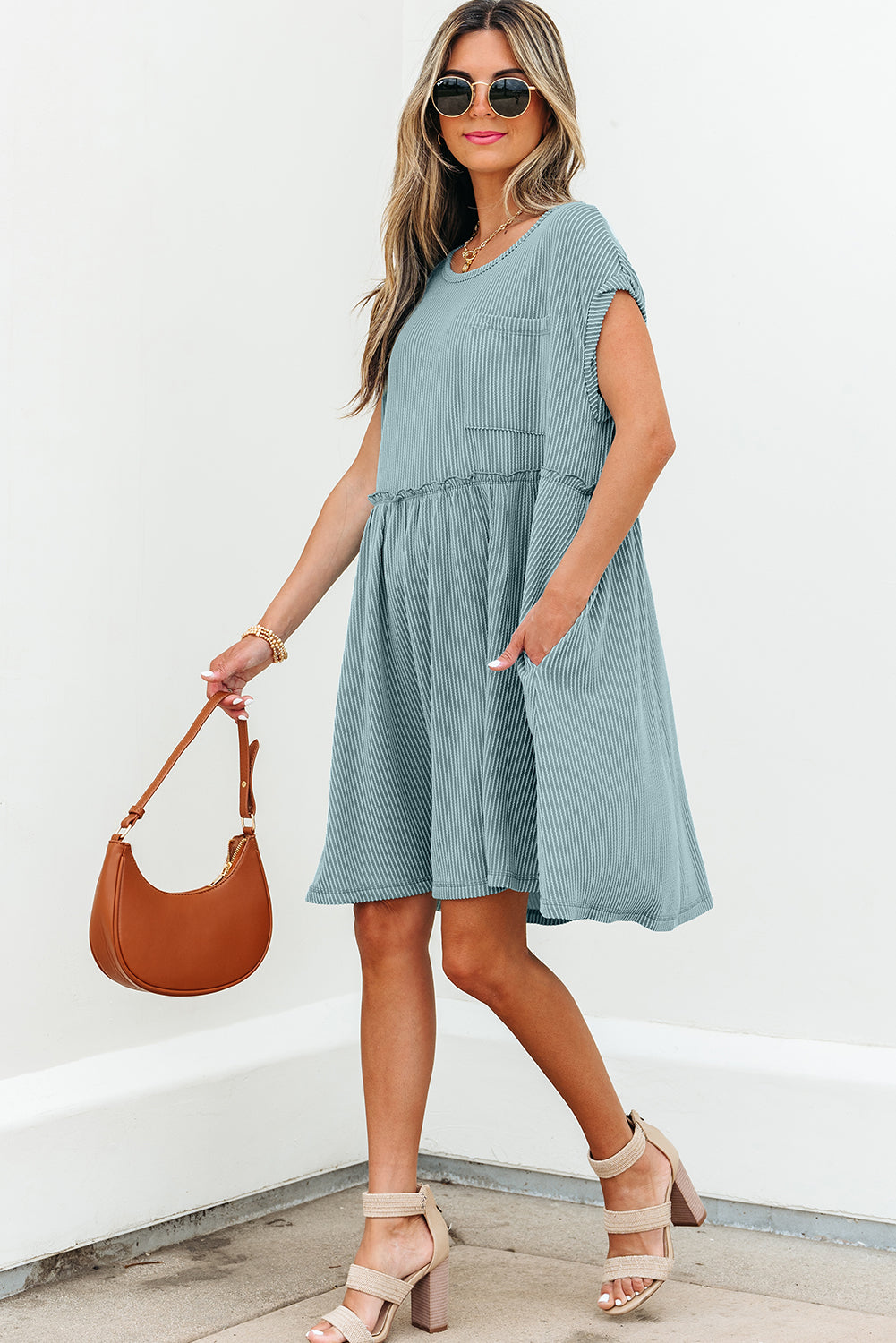 Canton Corded Knit Textured Patched Pocket Frilled Swing Mini Dress with Pockets-TOPS / DRESSES-[Adult]-[Female]-2022 Online Blue Zone Planet