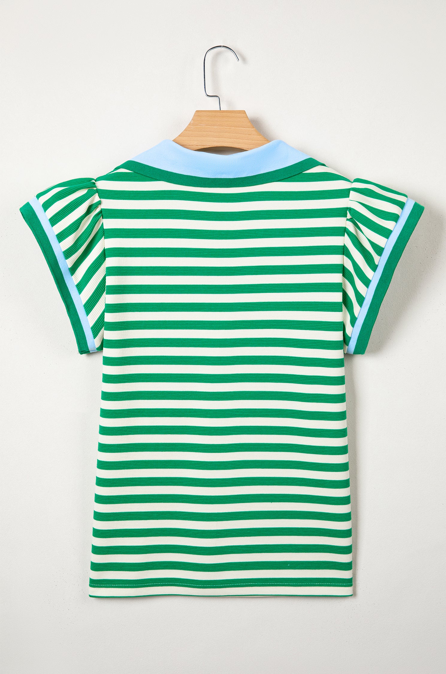 Rose Stripe Contrast Trim Polo Collar Ruffled Short Sleeve Blouse-Tops/Blouses & Shirts-[Adult]-[Female]-2022 Online Blue Zone Planet
