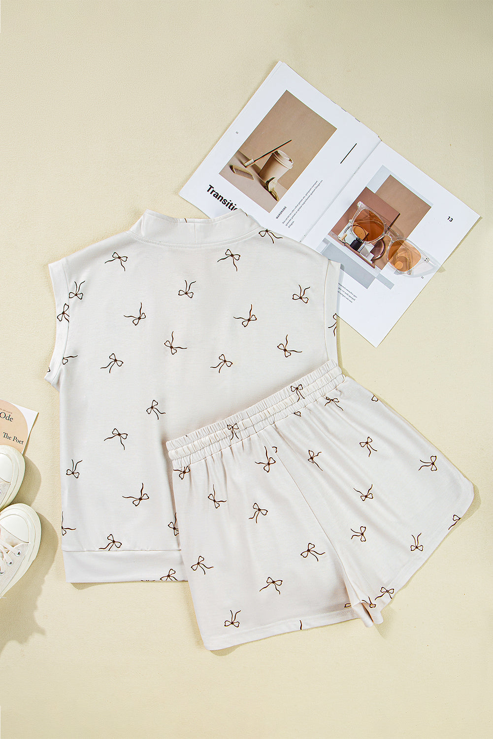 Beige Bow Print Half Zip Tank and Shorts 2pcs Set-Two Piece Sets/Short Sets-[Adult]-[Female]-2022 Online Blue Zone Planet