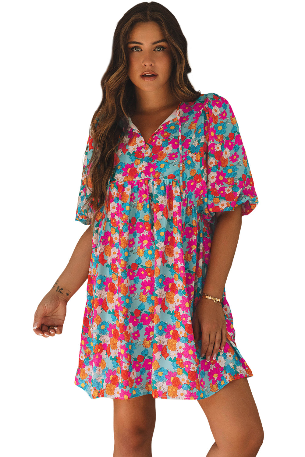 Blue Zone Planet | Sky Blue Floral Print Tie Split Neck Bubble Sleeve Babydoll Dress-TOPS / DRESSES-[Adult]-[Female]-2022 Online Blue Zone Planet