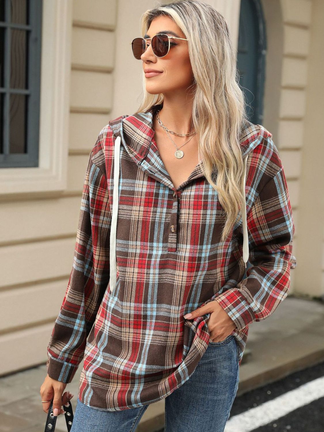 Blue Zone Planet | Drawstring Plaid Hooded Long Sleeve Top-TOPS / DRESSES-[Adult]-[Female]-2022 Online Blue Zone Planet