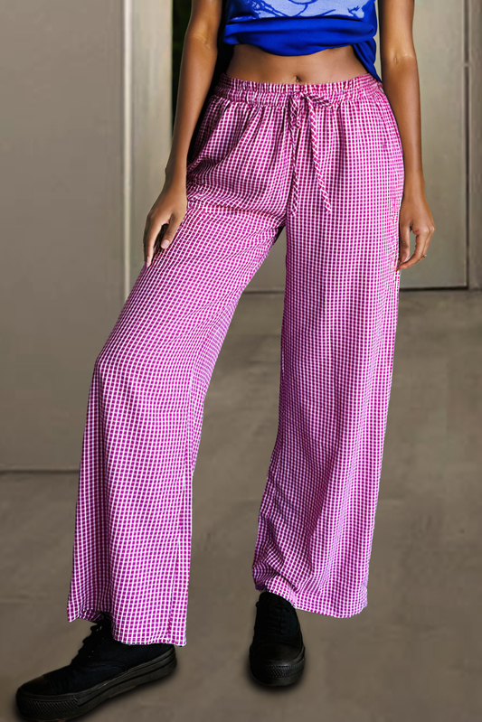 Blue Zone Planet | Pink Plaid Print Drawstring High Waist Wide Leg Casual Pants-Bottoms/Pants & Culotte-[Adult]-[Female]-2022 Online Blue Zone Planet