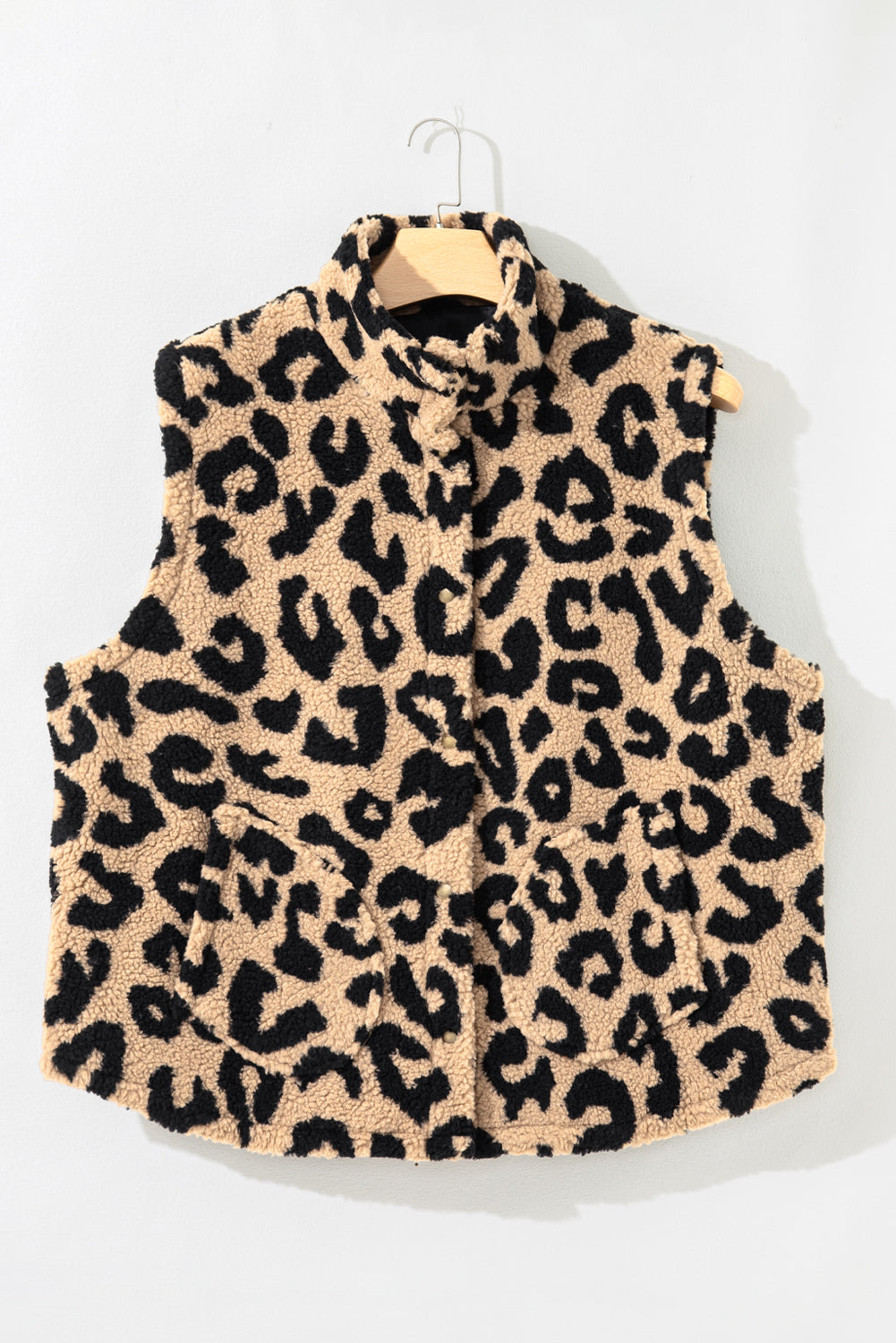Khaki Leopard Sherpa Button Front Collared Plus Size Vest Jacket-Plus Size/Plus Size Outerwear-[Adult]-[Female]-2022 Online Blue Zone Planet
