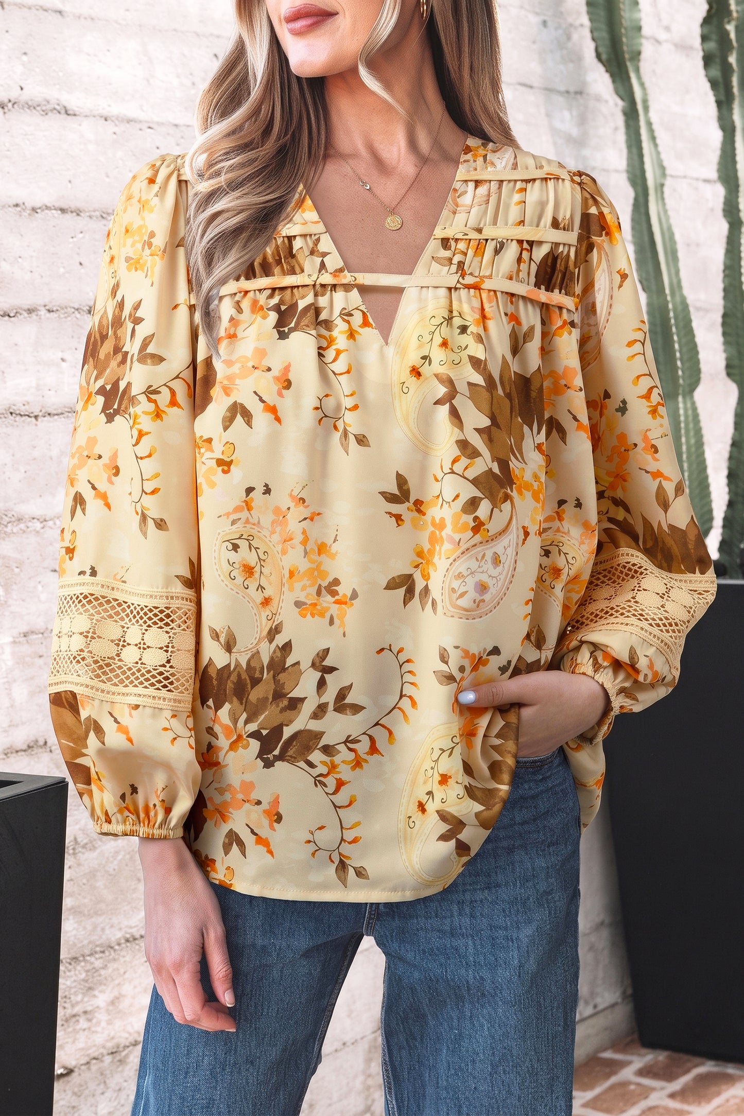 Khaki Paisley Print Decorative Binding Tape V Neck Shift Blouse-Tops/Blouses & Shirts-[Adult]-[Female]-2022 Online Blue Zone Planet
