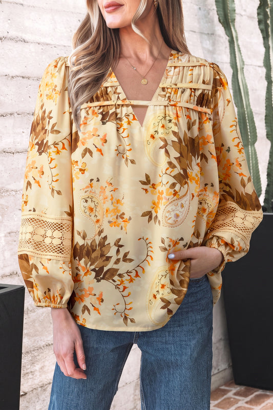 Khaki Paisley Print Decorative Binding Tape V Neck Shift Blouse-Tops/Blouses & Shirts-[Adult]-[Female]-2022 Online Blue Zone Planet