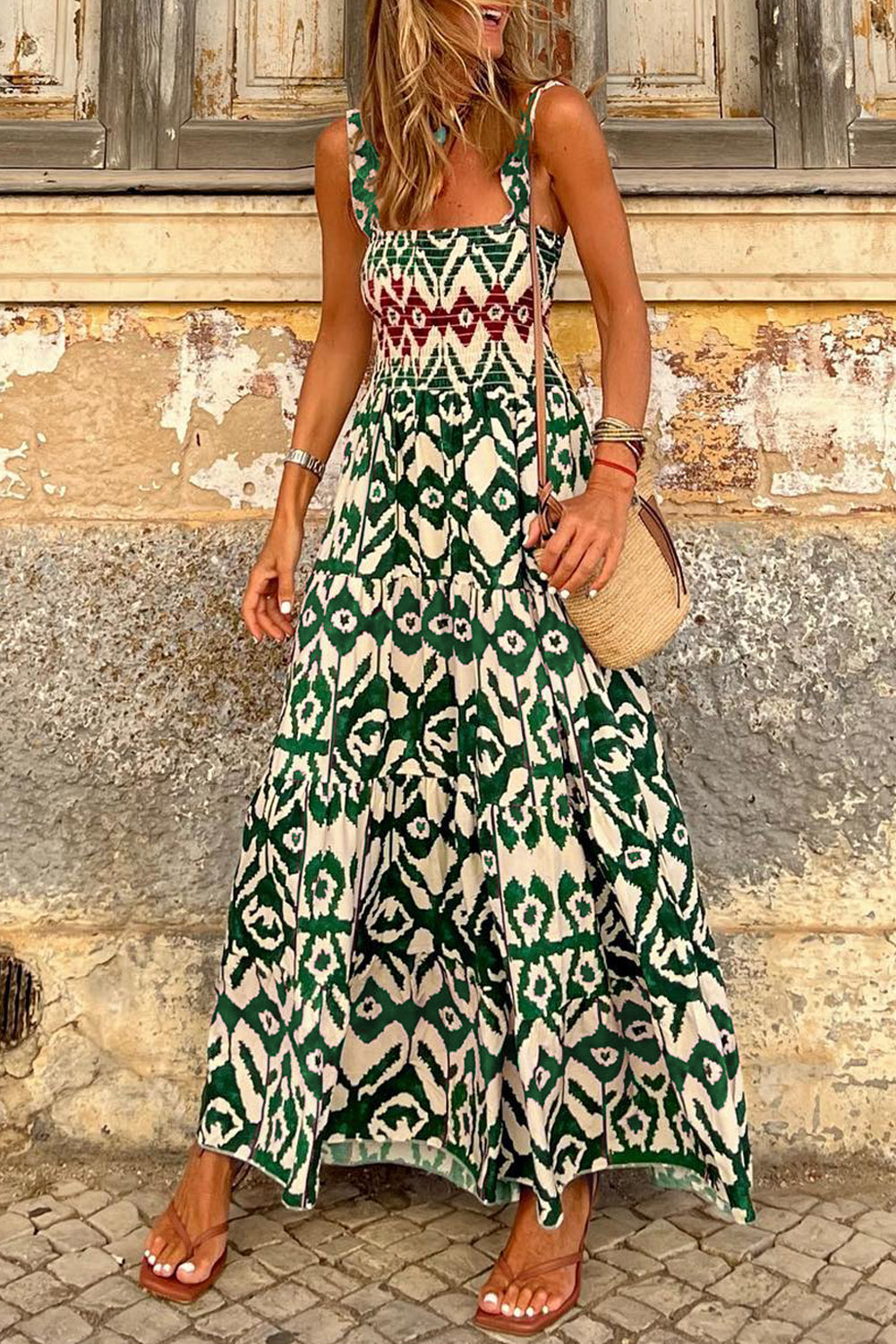 Green Boho Shirred A line Sleeveless Maxi Dress-Maxi Dresses-[Adult]-[Female]-Green-L-2022 Online Blue Zone Planet