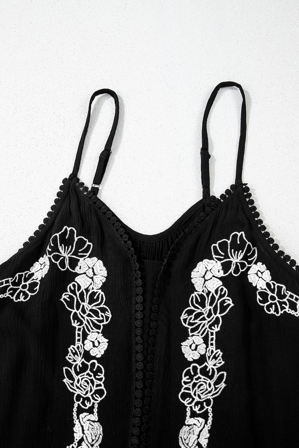Black Floral Embroidery Ruffled Spaghetti Straps Tank Top-Tops/Tank Tops-[Adult]-[Female]-2022 Online Blue Zone Planet