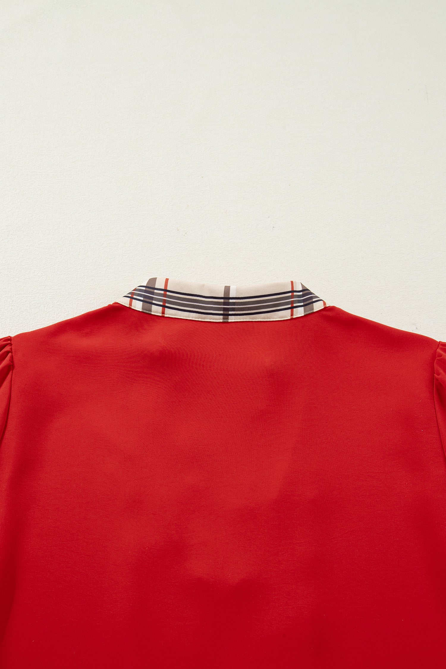 Racing Red Contrast Plaid Patchwork V Neck Long Sleeve Blouse-Tops/Blouses & Shirts-[Adult]-[Female]-2022 Online Blue Zone Planet