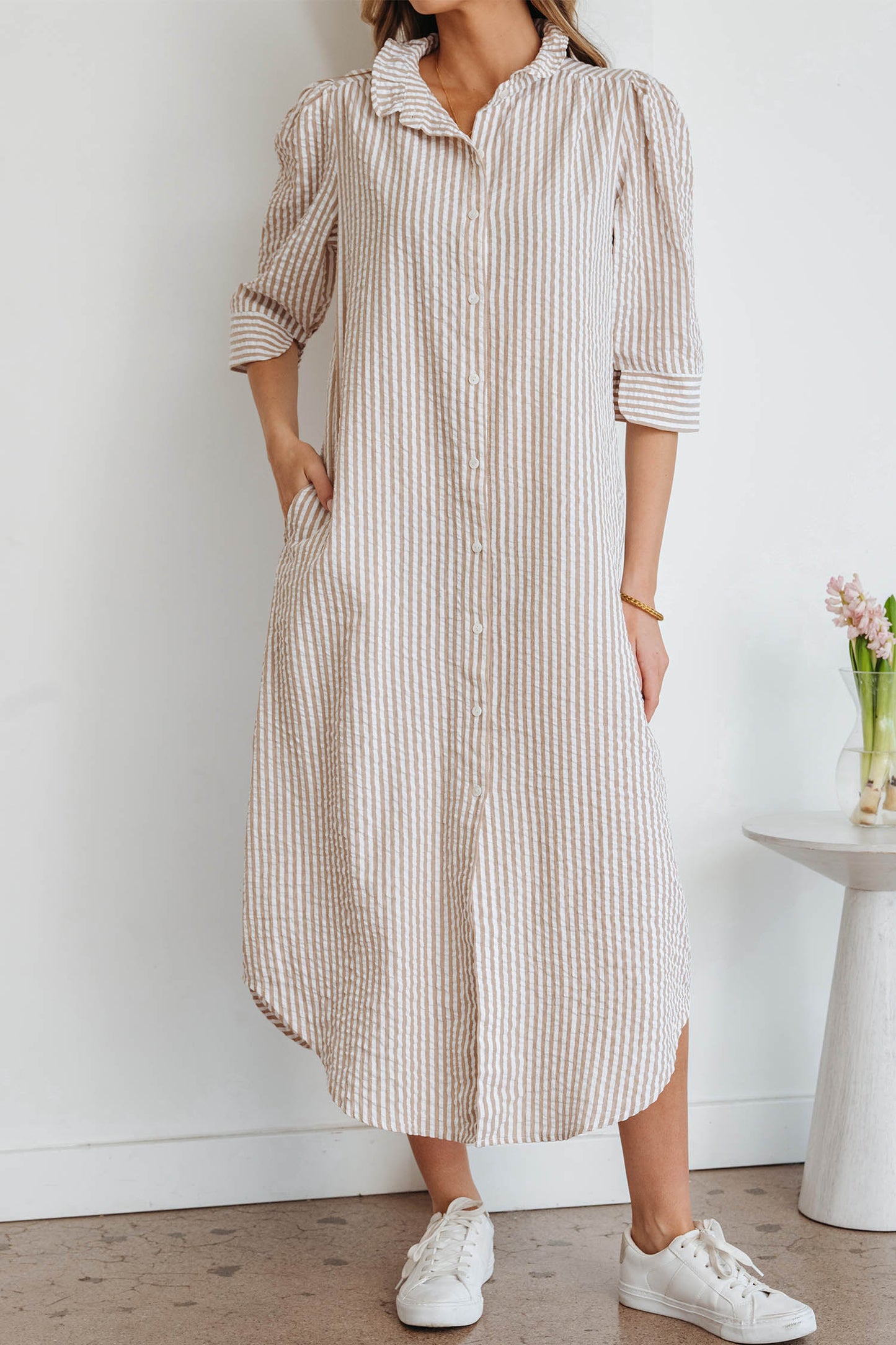 Khaki Stripe Frilled Collar Half Sleeve Shirt Maxi Dress-TOPS / DRESSES-[Adult]-[Female]-2022 Online Blue Zone Planet