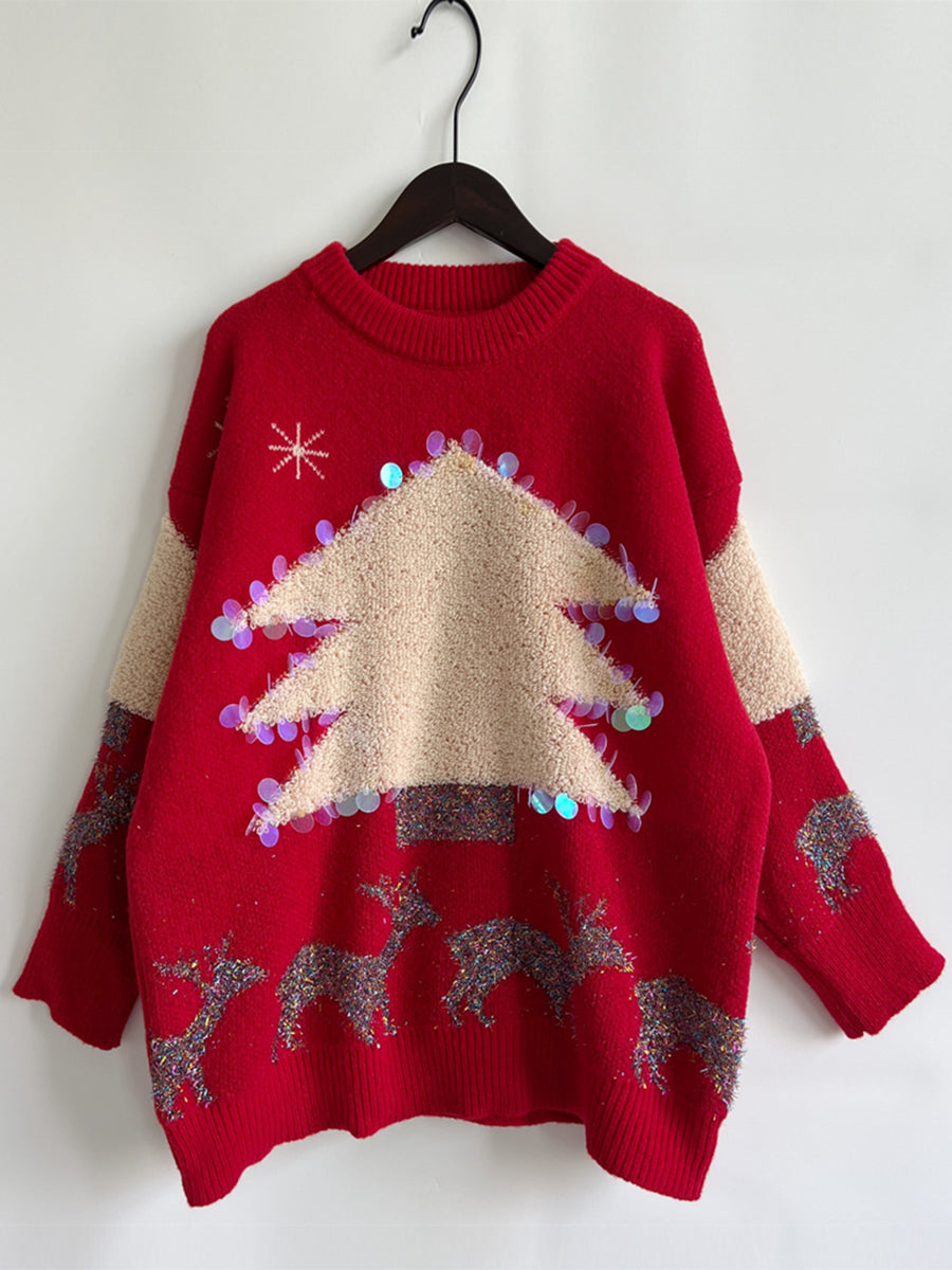 Sequin Christmas Tree & Reindeer Round Neck Sweater-TOPS / DRESSES-[Adult]-[Female]-2022 Online Blue Zone Planet