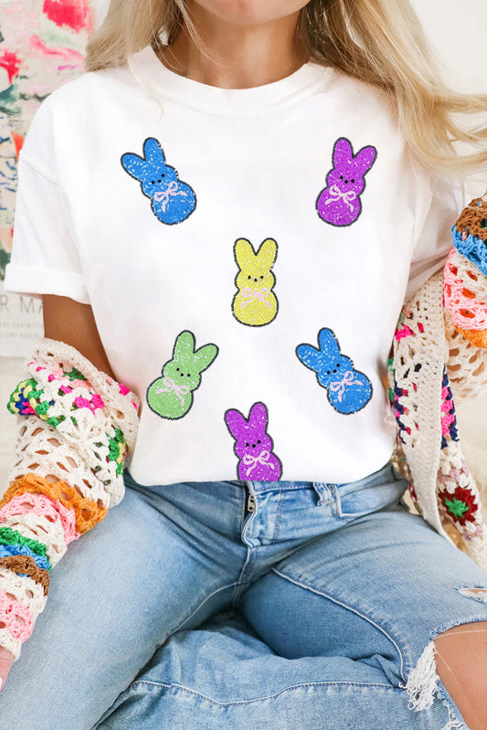 White Sequin Bow Bunny Doll Patched Easter Graphic Tee-Graphic/Graphic Tees-[Adult]-[Female]-White-S-2022 Online Blue Zone Planet