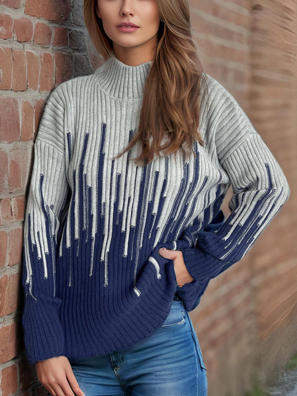 Blue Zone Planet | Contrast Mock Neck Long Sleeve Sweater-TOPS / DRESSES-[Adult]-[Female]-2022 Online Blue Zone Planet