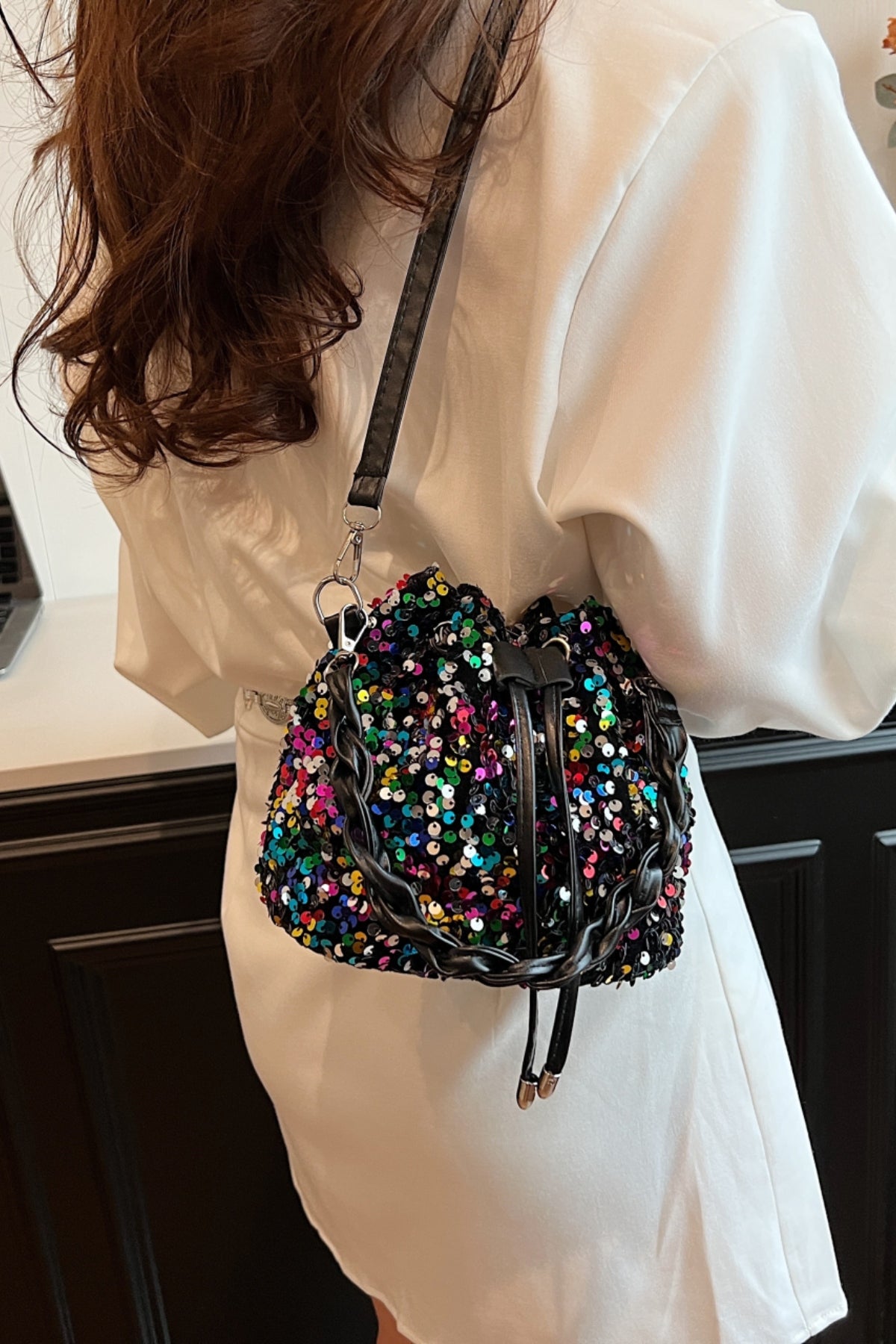 Sequin Drawstring Bucket Bag-HANDBAGS-[Adult]-[Female]-2022 Online Blue Zone Planet