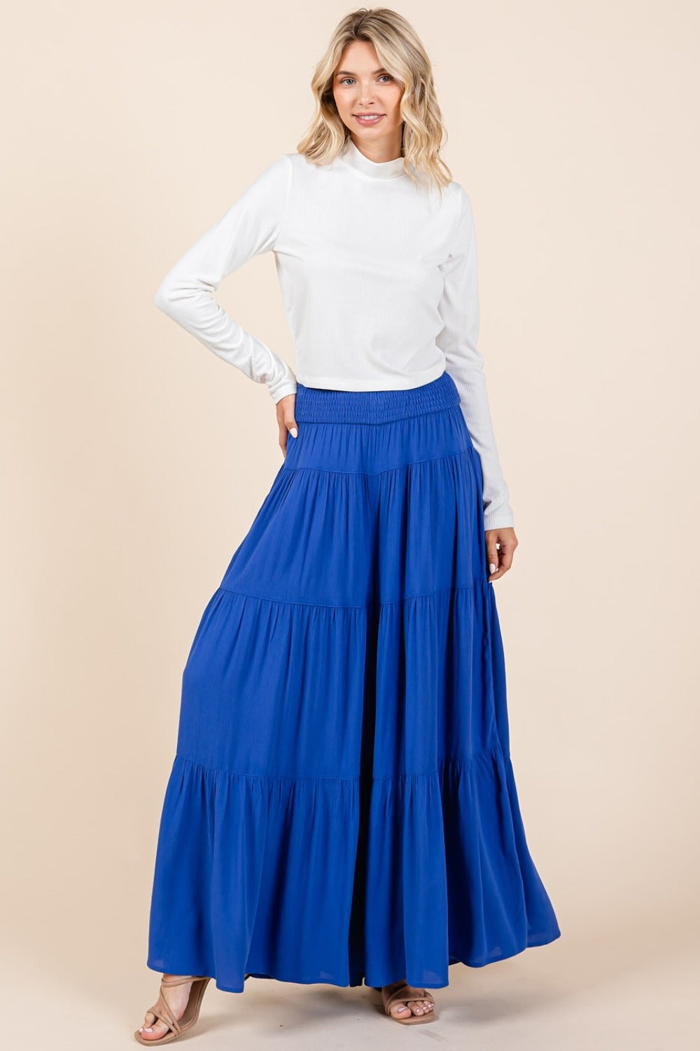 Blue Zone Planet | Mittoshop Tier Detail Smocked Elastic Waist Wide Leg Pants-TOPS / DRESSES-[Adult]-[Female]-Cobalt-S-2022 Online Blue Zone Planet