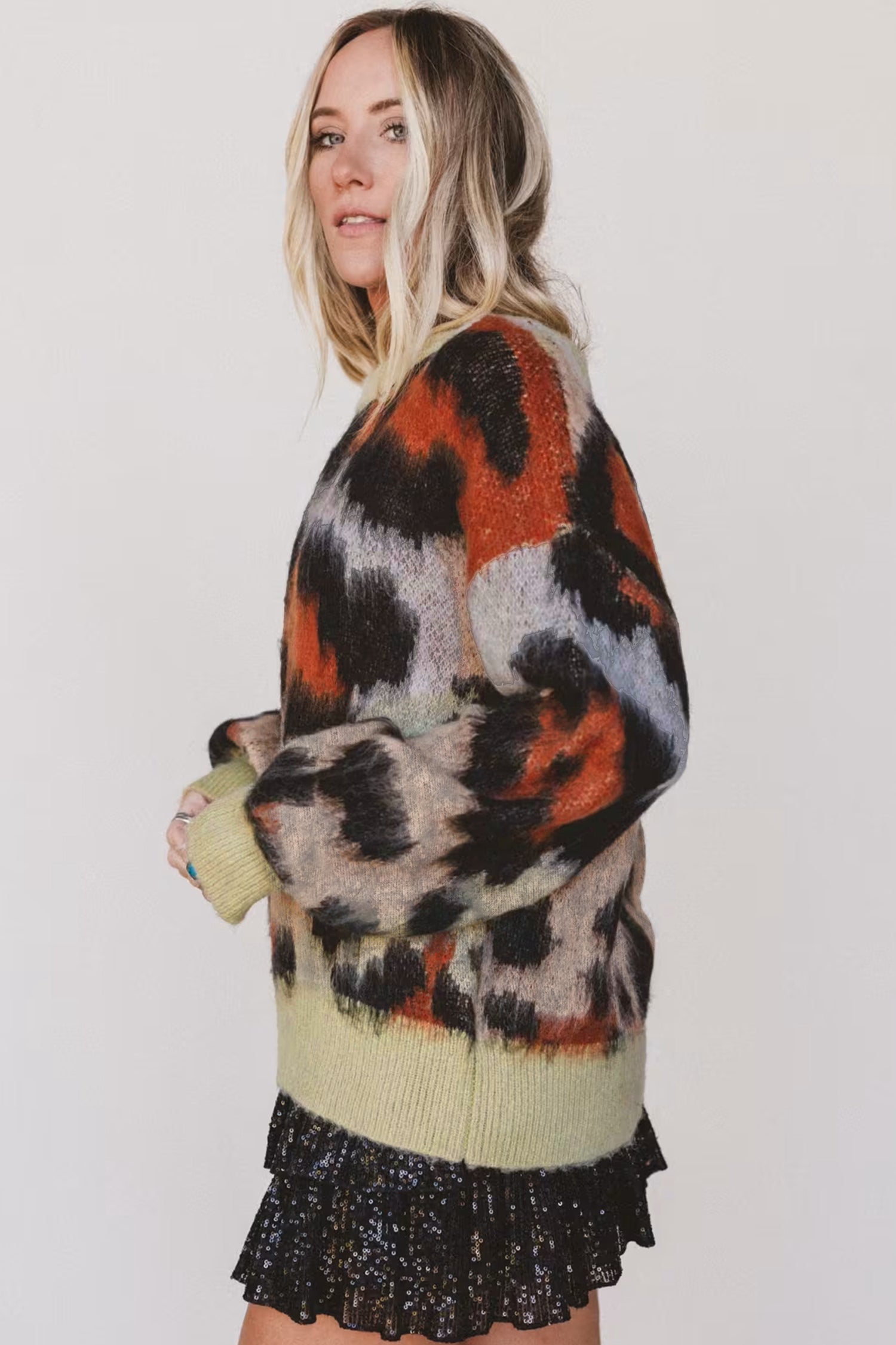 Khaki Leopard Print Drop Shoulder Long Sleeve Round Neck Sweater-Sweaters & Cardigans/Sweaters-[Adult]-[Female]-2022 Online Blue Zone Planet